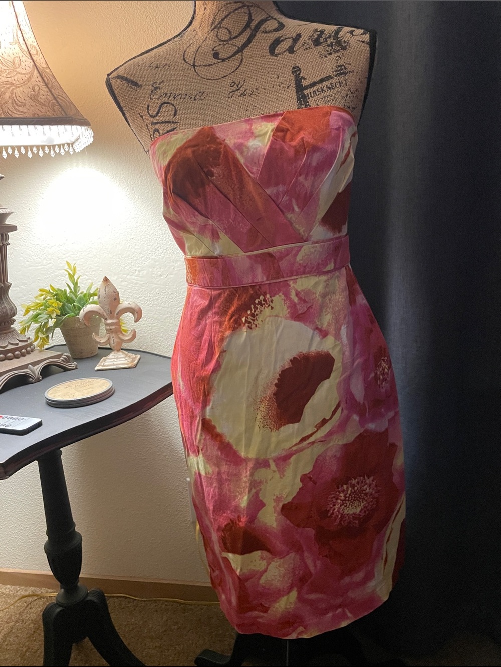 New York & Company Strapless Floral Sheath Dress in Pink, Red and Cream